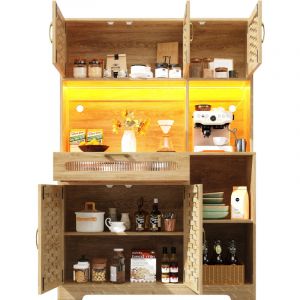 Colonne de cuisine 137x45x178cm - 2 portes + 3 tiroirs + 8 &eacute;tag&egrave;res - LED - meuble haut - buffet polyvalent - D&eacute;coration en rotin - Naturel