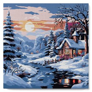 Figured'Art Mini Peinture par Numéro Adulte 20x20cm avec cadre Jolie Chaumière sous la Neige - Petit Format Kit de Loisir Créatif DIY Numéro d'Art Complet