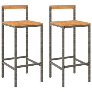 Décoshop26 Lot de 2 tabourets de bar chaises hautes extérieur ou intérieur en résine tressée gris et bois d'acacia DEC029730