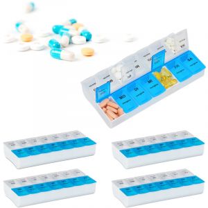 Image de Relaxdays Pilulier 7 jours, lot de 5, 2 compartiments par pilulier, bo&icirc;te m&eacute;dicaments semainier matin soir comprim&eacute;s, blanc bleu