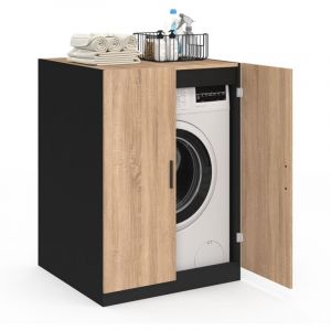 Idmarket Meuble pour machine &agrave; laver avec portes WALLIS noir et bois fa&ccedil;on h&ecirc;tre