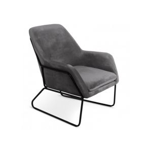 LesTendances Fauteuil velours gris et pieds m&eacute;tal noir Claude