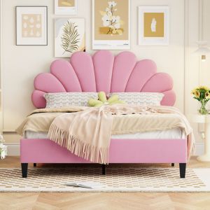 Lit double rembourré en velours - 140x200cm - tête de lit en forme de fleur - avec sommier à lattes - Rose