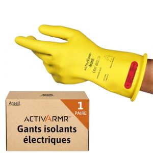 Ansell ActivArmr Gants Electricien, Protection Électrique Classe 0 (Tension 1000V), Gants Isolants en Latex de Caoutchouc Naturel, EPI Professionel, 28cm, Jaune, Taille XL (1 Paire)