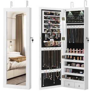 Coast LED armoire &agrave; bijoux avec miroir complet Porte et fixation murale 37 x 9,5 x 108 cm blanc