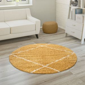 Paco Home Tapis Shaggy Tapis De Salon Poil Long Poils Longs Motif Diamant Scandinave Jaune, 160 cm rond
