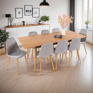M&S Table à manger extensible naturel + 8 chaises en velours gris - UBELI