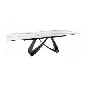 Table ZAREL &ndash; Extensible 180 &agrave; 260 cm &ndash; C&eacute;ramique et verre tremp&eacute; &ndash; Effet marbre blanc &ndash; Style contemporain