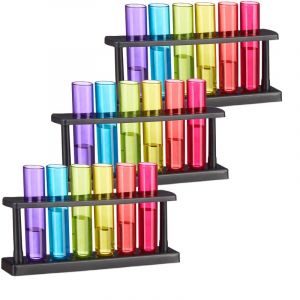 Relaxdays Verre à shot, lot de 18, en forme d'éprouvette, amusant, support, 4 cl, tube à essais, plastique, coloré