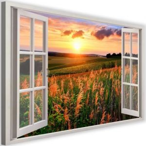 Image sur toile, Fenêtre - vue d'un champ de fleurs - 60x40