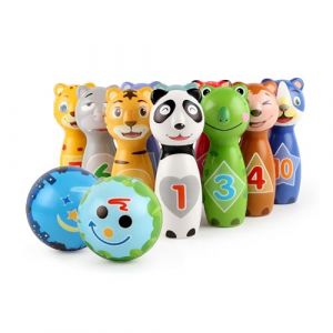 Relaxdays Jeu de quilles pour Enfants, 10 c&ocirc;nes, 2 balles, Animaux &agrave; partir de 3 Ans, int&eacute;rieur et ext&eacute;rieur, Ensemble de Bowling, Mousse, Multicolore