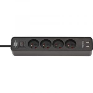 Brennenstuhl Ecolor Multiprise avec USB et 4 Prises (multiprise avec 2 chargeurs USB, flèche et câble de 1,5 m) Noir