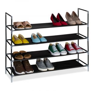 Relaxdays Rangement à chaussures, 4 niveaux, HxLxP : 75x100x28 cm, meuble métal & niveaux en tissu, noir - transparent