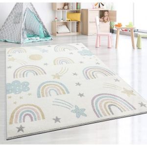 Tapis moderne doux pour enfants | Motif arc-en-ciel en cr&egrave;me 200x280 | Chambre de gar&ccedil;on - The Carpet SOUND