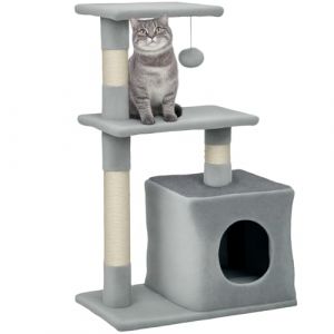 Pawhut Arbre à Chat Hauteur 81,5 cm Tour de Jeux pour Chats avec poteaux en sisal, 2 Plates-Formes, Niche, Balle, Tissu Peluche, Multi-Niveaux idéal pour Chat 4,5 kg, Gris foncé