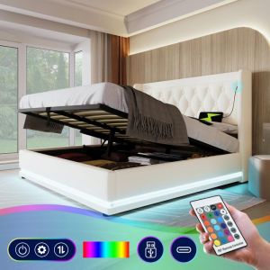 Lit double 160x200 cm LED t&ecirc;te de lit rembourr&eacute; PU avec fonction de chargement USB Type-C lit de rangement hydraulique,blanc