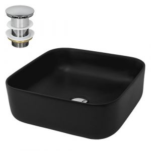 ML-Design Lavabo en Céramique, Noir, 39,5x39,5x14 cm, Forme Anguleux, Garniture de Vidage