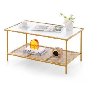 Coast Stylish Gold Coffee Table 2-Layers - Rectangular Toughened Glass Top with Metal Base | 90 x 50 x 46 cm