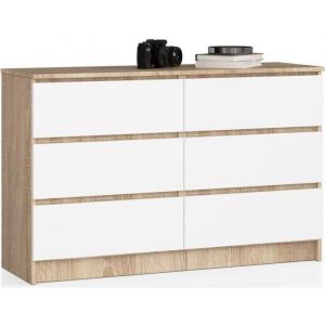Commode Akord K120 Chêne Sonoma 120 cm 6 tiroirs façade Blanche 120x40x77 cm