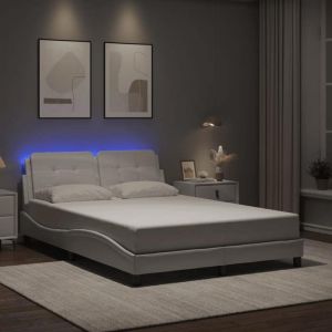 VidaXL Cadre de lit avec lumi&egrave;res LED blanc 140x200 cm similicuir, lit, sommier, lit en similicuir, meuble de chambre &agrave; coucher, lit double