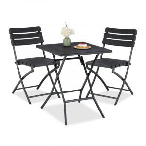 Relaxdays Ensemble de Meubles de Balcon 3 pièces, 1 Table et 2 chaises, Pliable, Aspect Bois, Acier et Plastique, Noir