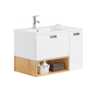 Sobuy BZR178-WN Meuble Suspendu pour Lavabo Armoire de salle de bain avec Lavabo Meuble salle de bain avec vasque Ensemble de Lavabo en céramique,