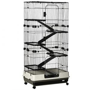Image de Pawhut Grande cage enclos lapin - 5 niveaux, 3 portes, 5 rampes, plateau amovible et roulettes - 81 x 52,5 x 159 cm - noir et gris