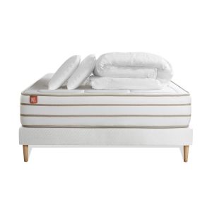 Pack prêt à dormir matelas LE DOUILLET 140x190cm Mémoire de forme BioVisco + sommier kit Blanc + 2 oreillers + couette