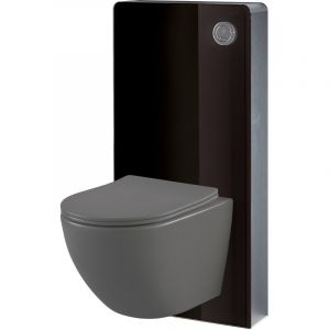 Pack WC suspendu gain de place bâti mural verre noir + cuvette sans bride gris mat corolla