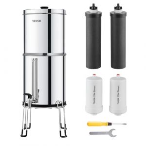 VEVOR Système de Filtration d'Eau par Gravité 7,5 L, Filtre à Eau par Gravité Réduction du Plomb et jusqu'à 99% du Chlore, Inox 304, avec 2 Filtres à Charbon Actif, 2 Filtres de Défluoration, Robinet