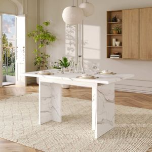 Table &agrave; manger rectangulaire extensible 140/180 x 80 x 75 cm - Pour 6 &agrave; 8 personnes - Plateau &eacute;pais - Finition marbre - Blanc
