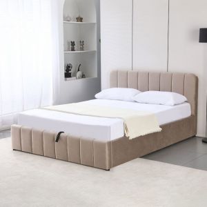 M&S Lit coffre 140x190 velours taupe avec tête de lit + sommier à lattes