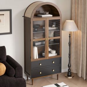 Buffet moderne 70x38x165 cm - 2 tiroirs et 2 portes - Avec &eacute;tag&egrave;res r&eacute;glables - Design incurv&eacute; - MDF - Marron