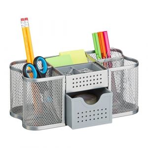 Relaxdays Organiseur Bureau, Rangement avec Porte-stylos & tiroir, métal, H x L x P : 10 x 23,5 x 11,5 cm, argenté