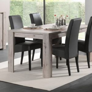Ensemble table 160 cm décor chêne et 4 chaises en PU noir - FUMAY