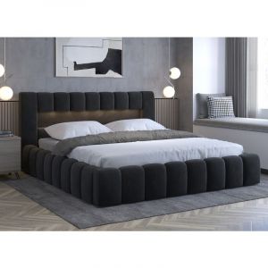 LesTendances Lit design 180x200 cm avec coffre de rangement tapissé velours anthracite Luto