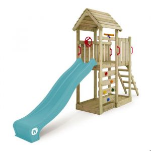 Wickey Maison sur pilotis structure d'escalade JoyFlyer avec toboggan tour d'escalade avec bac &agrave; sable &eacute;chelle & accessoires de jeu &ndash; bleu pastel