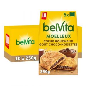 Lu BELVITA - 10 Boîtes de 5 Sachets de Biscuits Belvita Moelleux Fourrage Chocolat Noisette et 5 Céréales Complètes - Biscuits Petit Déjeuner Gourmands et Pratiques à Emporter - Lot de 10x250g