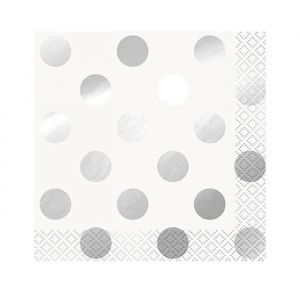 16 Petites serviettes en papier blanc &agrave; pois argents 10 x 10 cm
