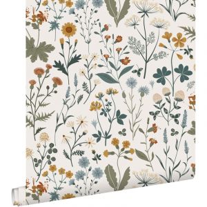 Papier peint fleurs des champs - 0,53 x 10,05 m de Estahome jaune ocre, vert grisé et vintage bleu