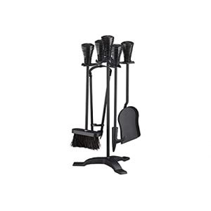 Relaxdays Ustensile de cheminée 5 pièces, tisonnier, pelle à cendres, balai, pince et support en acier, noir