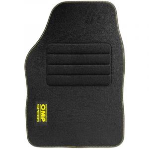 OMP LICENCI Speed Tapis De Voiture Noire Set 4 Pièces - Tapis De Voiture Universels Non Glissant avec Un Logo Jaune