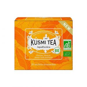 Kusmi tea Infusion Bio AquaExotica - M&eacute;lange d'Hibiscus et de Pomme Aromatis&eacute; Fruits Exotiques - Infusion sans Th&eacute;ine Fruit&eacute;e et Gourmande, &agrave; D&eacute;guster Chaud ou en Th&eacute; Glac&eacute; - 20 Sachets Mousseline