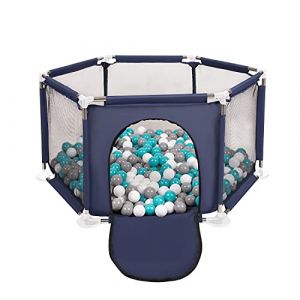 Selonis Parc Bébé Hexagonal Pliable Avec 900 Balles Plastiques, Bleu:Girs/Blanc/Turquoise