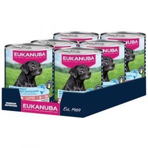 Eukanuba Life Care Aliment Humide Chien Senior 7 Ans + Toutes Races, Pâtée Riche en Truite & Patates Douces, Oméga-3, L-Carnitine, Prébiotiques, sans OGM Colorants Conservateurs, 6 boîtes de 400g