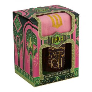 Paladone Wicked Movie Tasse en verre et chaussettes &ndash; Cadeau sous licence officielle Disney pour les fans m&eacute;chants, tasse teint&eacute;e rose The Best Witch of All et chaussettes confortables Emerald City