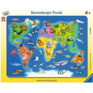 Ravensburger Puzzle Enfant Avec Cadre 30 Pieces - La Carte Du Monde Et Les Animaux