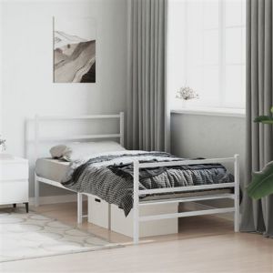 VidaXL Cadre de Lit Métal avec Tête de Lit Pied de Lit, Lit Simple avec Sommier à Lattes, Lit Adulte avec Pied Chambre, Moderne, Blanc 107x203 cm