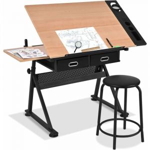 GOPLUS Table à Dessin Inclinable avec Tabouret,Hauteur Réglable 68-95.5 CM, Plateau Coulissant, 2 Grand Tiroir&Porte-Stylo, Jaune