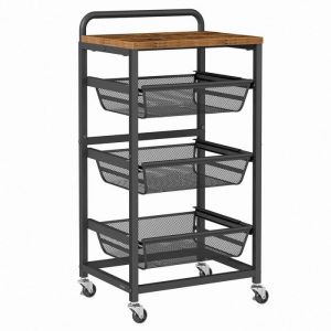Chariot de Rangement à 4 Niveaux, avec Paniers Extractibles, Étagère de Cuisine avec roulettes, avec Poignée, 31,7 x 40 x 76 cm, Marron Rustique et